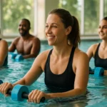 Skupinový aquafitness tréning s činkami vo vode