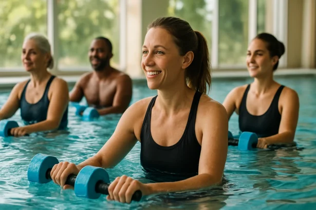 Skupinový aquafitness tréning s činkami vo vode