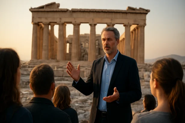 Prednáška o aténskej demokracii pred chrámom Parthenón v Aténach.