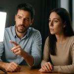 Pár diskutuje o syntetickom dennom svetle pri stole