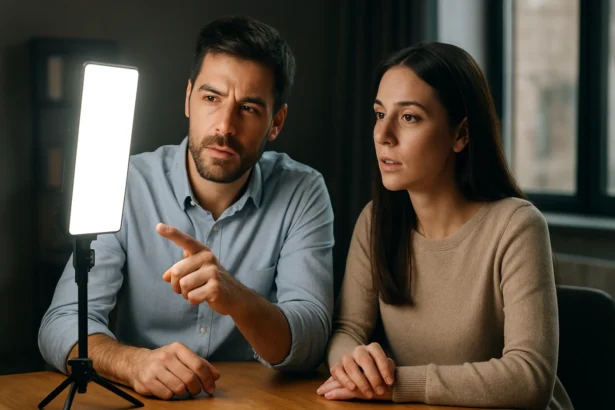 Pár diskutuje o syntetickom dennom svetle pri stole