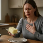 Žena drží maslo a vyjadruje obavy o svoje zdravie.