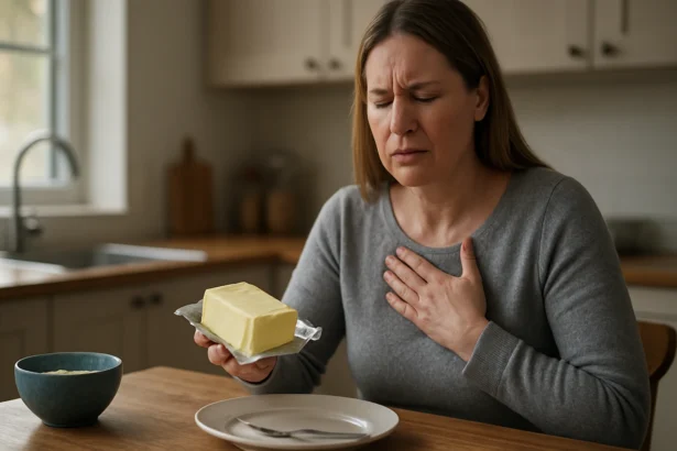 Žena drží maslo a vyjadruje obavy o svoje zdravie.