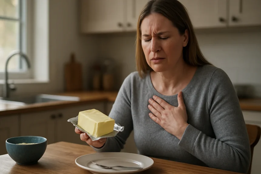 Žena drží maslo a vyjadruje obavy o svoje zdravie.