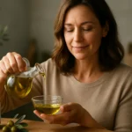 Žena nalieva olivový olej do misky na stole s olivami.