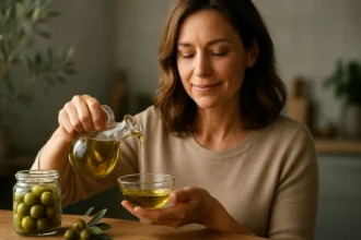 Žena nalieva olivový olej do misky na stole s olivami.