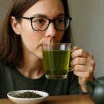 Žena pije zelený čaj, ktorý podporuje zdravie očí