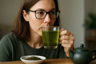 Žena pije zelený čaj, ktorý podporuje zdravie očí