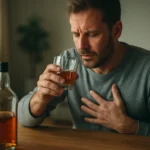 Muž drží pohár s alkoholom, vyjadruje obavy o zdravie.