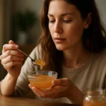 Žena s lyžičkou gumiarábika v miske, pripravená na konzumáciu.