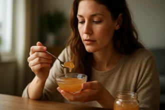 Žena s lyžičkou gumiarábika v miske, pripravená na konzumáciu.