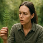 Žena skúma rebríček obyčajný v prírode s prekvapením na tvári.