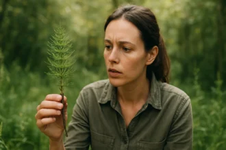 Žena skúma rebríček obyčajný v prírode s prekvapením na tvári.