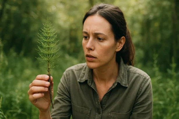 Žena skúma rebríček obyčajný v prírode s prekvapením na tvári.