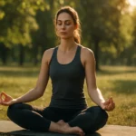 Žena cviči joga v prírode, relaxuje a medituje na podložke.