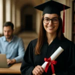 Šťastná graduantka s diplomom a úsmevom, ktorá symbolizuje kariérne možnosti.