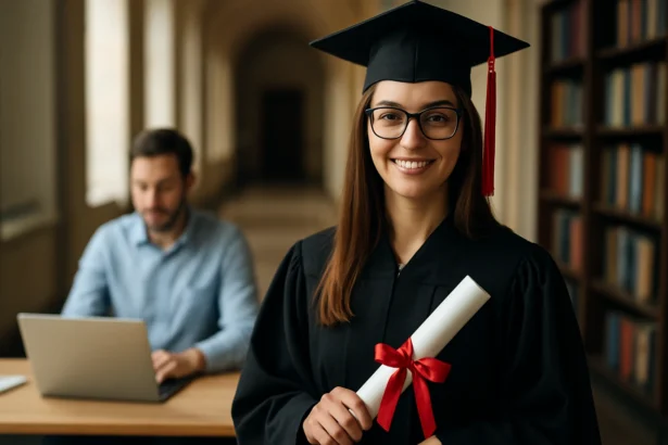 Šťastná graduantka s diplomom a úsmevom, ktorá symbolizuje kariérne možnosti.