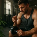 Muž s marihuanou sedí v telocvični s činkou