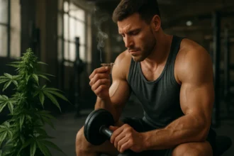 Muž s marihuanou sedí v telocvični s činkou