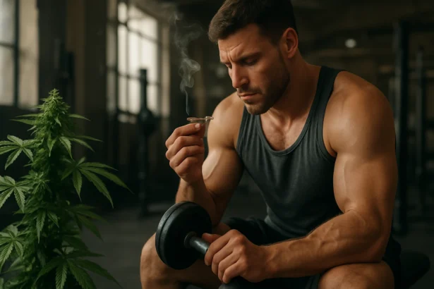 Muž s marihuanou sedí v telocvični s činkou