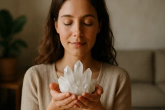 Žena s minerálmi v rukách, vyžarujúca duševný pokoj a harmóniu.