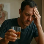 Muž s pohárom alkoholu trpiaci bolesťou hlavy!