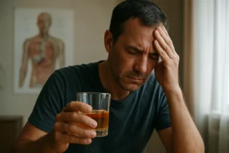 Muž s pohárom alkoholu trpiaci bolesťou hlavy!