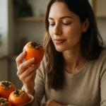 Žena sa dívajúca na sharonové ovocie v kuchyni