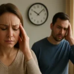 Muži a ženy s bolesťami hlavy v miestnosti, na pozadí hodiny.