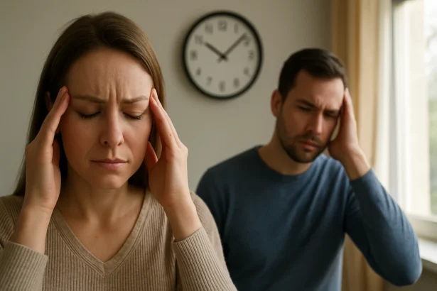 Muži a ženy s bolesťami hlavy v miestnosti, na pozadí hodiny.