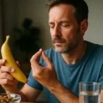 Muž s banánom a doplnkom stravy, zamýšľajúci nad zdravím