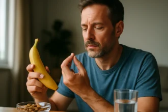 Muž s banánom a doplnkom stravy, zamýšľajúci nad zdravím