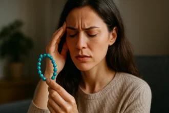 Žena drži tyrkysový náramok, zatiaľ čo má bolesti hlavy.