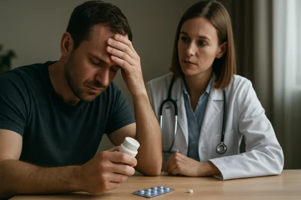 Muž sa obáva o svoje zdravie a diskutuje s lekárkou o tabletách na potenciu.