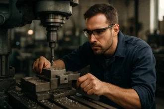 Majster frézovania kontroluje nastavenia frézy na obrábanie kovov.