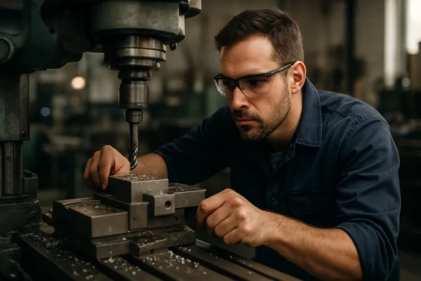 Majster frézovania kontroluje nastavenia frézy na obrábanie kovov.