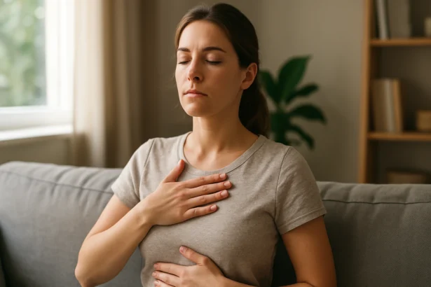 Žena cvičící brušné dýchanie v obývacej izbe.