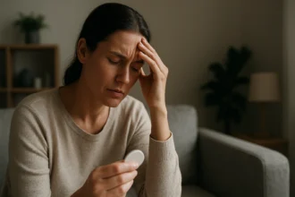 Žena so znepokojeným výrazom drží test na progesterón.