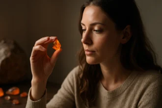 Žena skúma ohnivý opál, zdroj energie a liečivých vlastností.