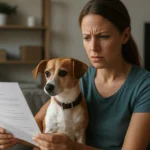 Žena číta znepokojivý dokument so svojím psom na kolenách.
