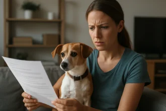 Žena číta znepokojivý dokument so svojím psom na kolenách.