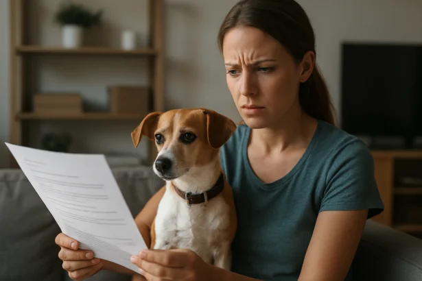 Žena číta znepokojivý dokument so svojím psom na kolenách.