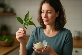 Žena drži listy a prášok z diosgenínu pre zdravie.