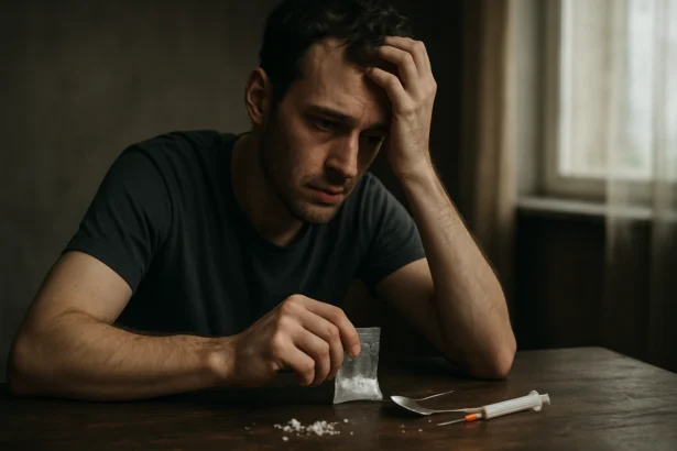 Muž znepokojený kryštálovou drogou na stole