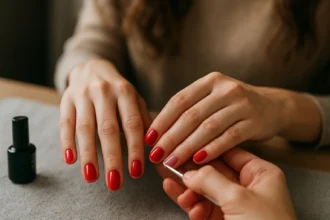 A woman receives a gel nail treatment with red polish.