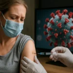 Žena dostáva vakcínu Sputnik V počas očkovania proti COVID-19.