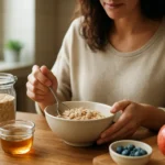 Žena si vychutnáva ovsené vločky s ovocím a medom na raňajky.