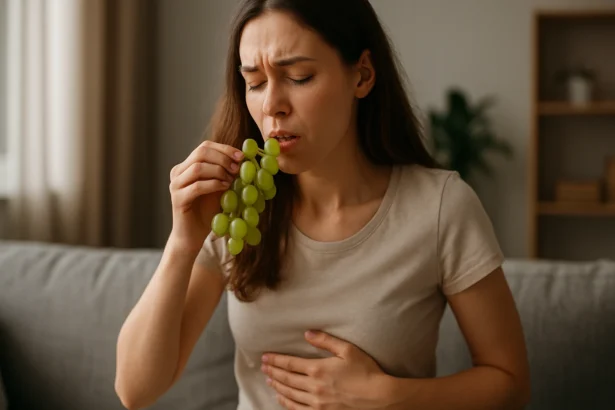 Žena s hroznom zlepšujúca zdravie tráviaceho traktu