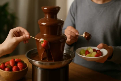 Osoba ponára jahodu do čokoládovej fontány na oslave.