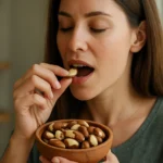 Žena si užíva brazílske orechy zo servírovacej misy.